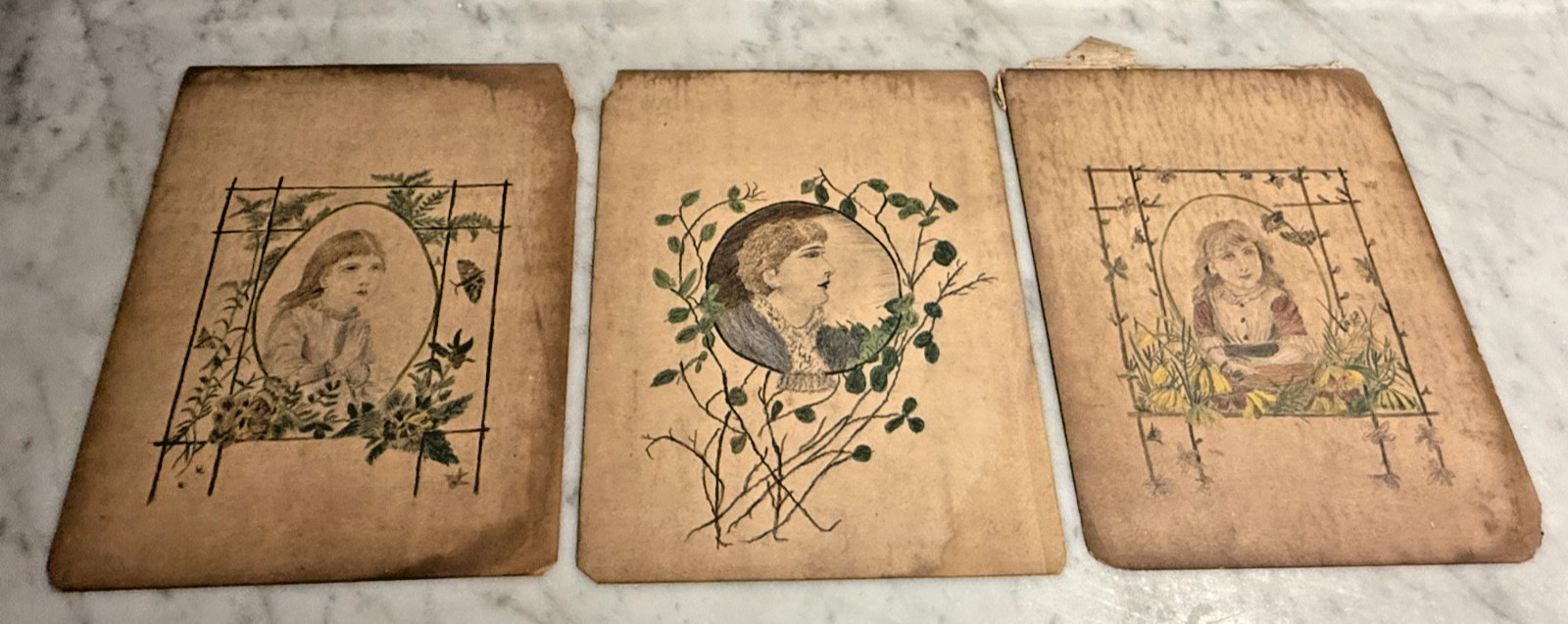 Trio of Antique 1890s Hand-Drawn Victorian Portraits – 9×11 Floral Borders