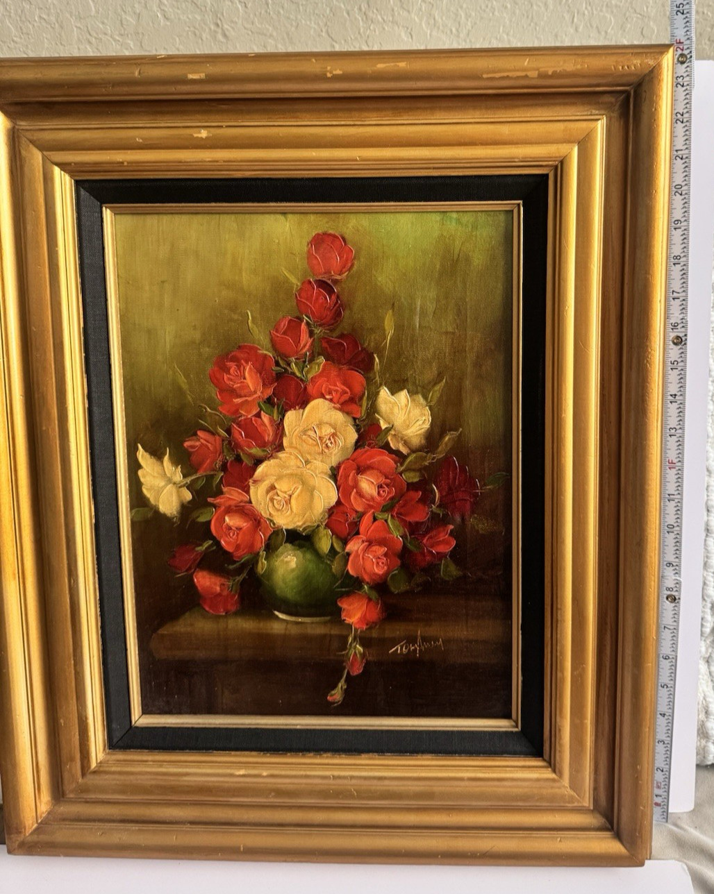 Still Life Floral Oil Painting Framed Beautiful Flowers in Vase Signed PRETTY!