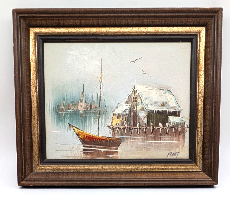 Original Oil Painting Signed Fleet Framed Harbor Scene Fishing Junk Sailing Boat