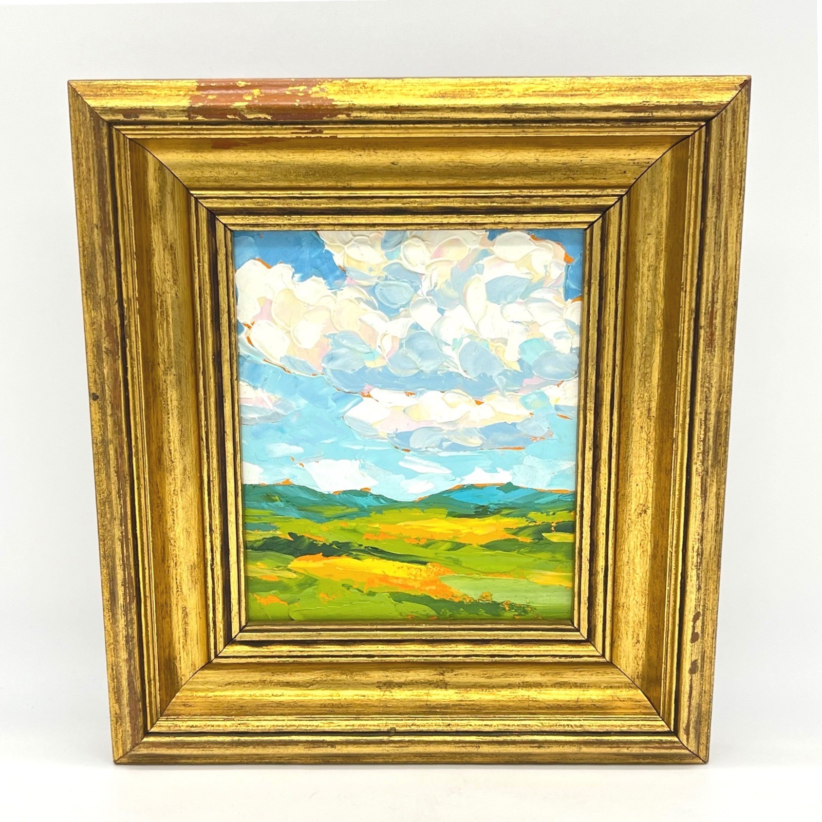 Gold Frame Landscape Oil Painting Textured Impressionistic Sky Fields Art