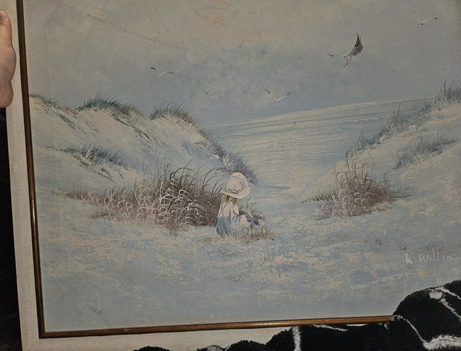 K. Williams Framed Realism Painting – Girl on Beach with Birds, Seascape, Signed