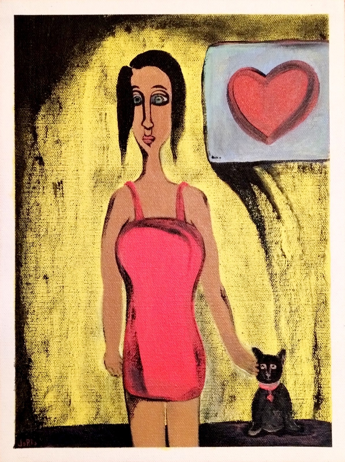 WOMEN CAT EXPRESSIONISM ART PAINTING ON LOOSE CANVAS..9 X 12 BY: JORDO #2