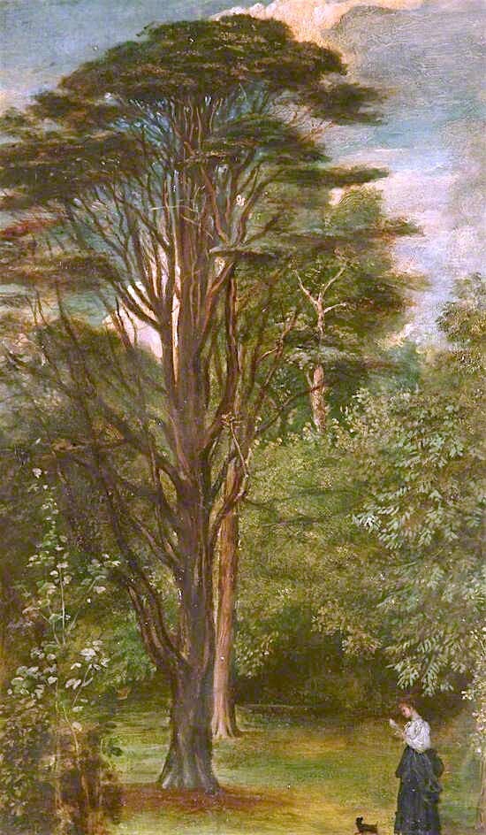 Oil painting huge tree landscape & lady Cedar-Tree-George-Frederic-Watts art 48″