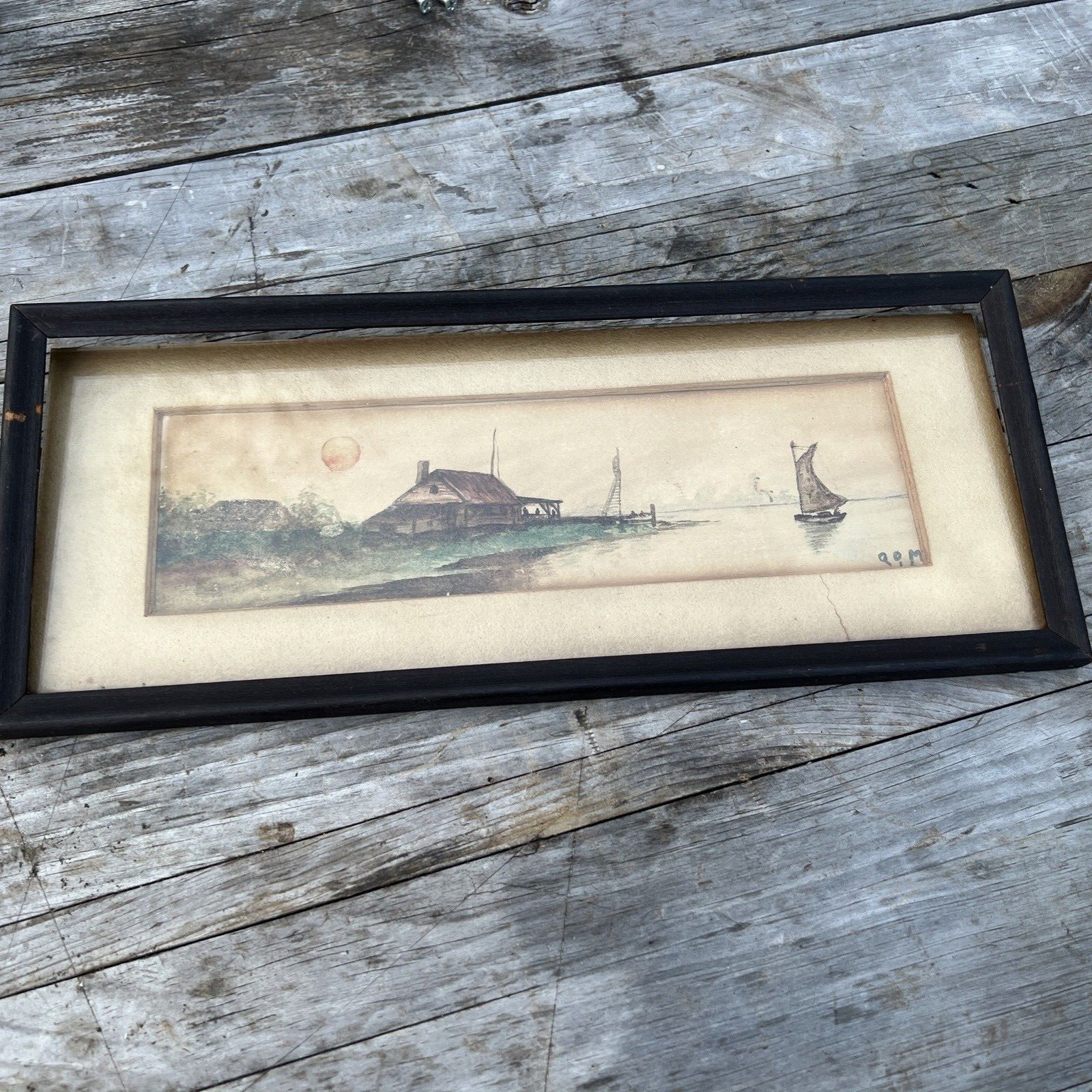 Watercolor on Paper signed dated 1916 house on Bay boat 11″ x 3 1/2″