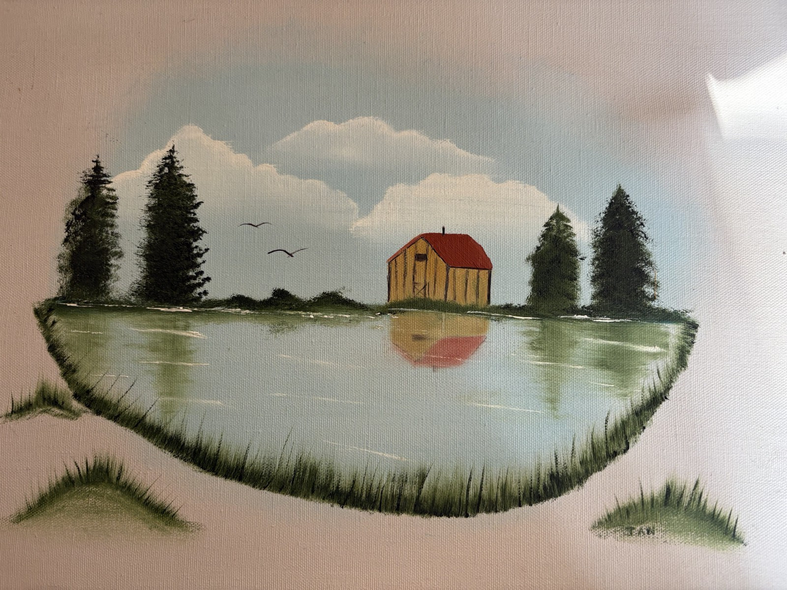 Folk Oil Painting of Barn on Lake Signed Wood Frame Linen Mat 20×16 Pastoral