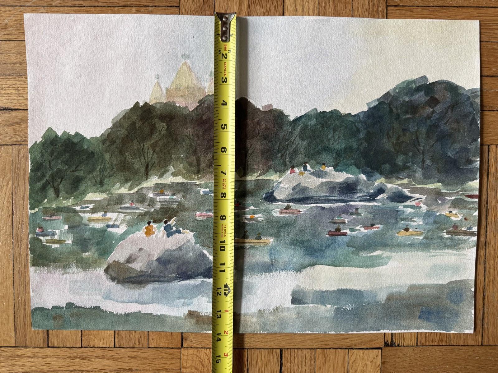Vintage Watercolor Painting Rowers Central Park NYC Peter Feldman 14 x 20