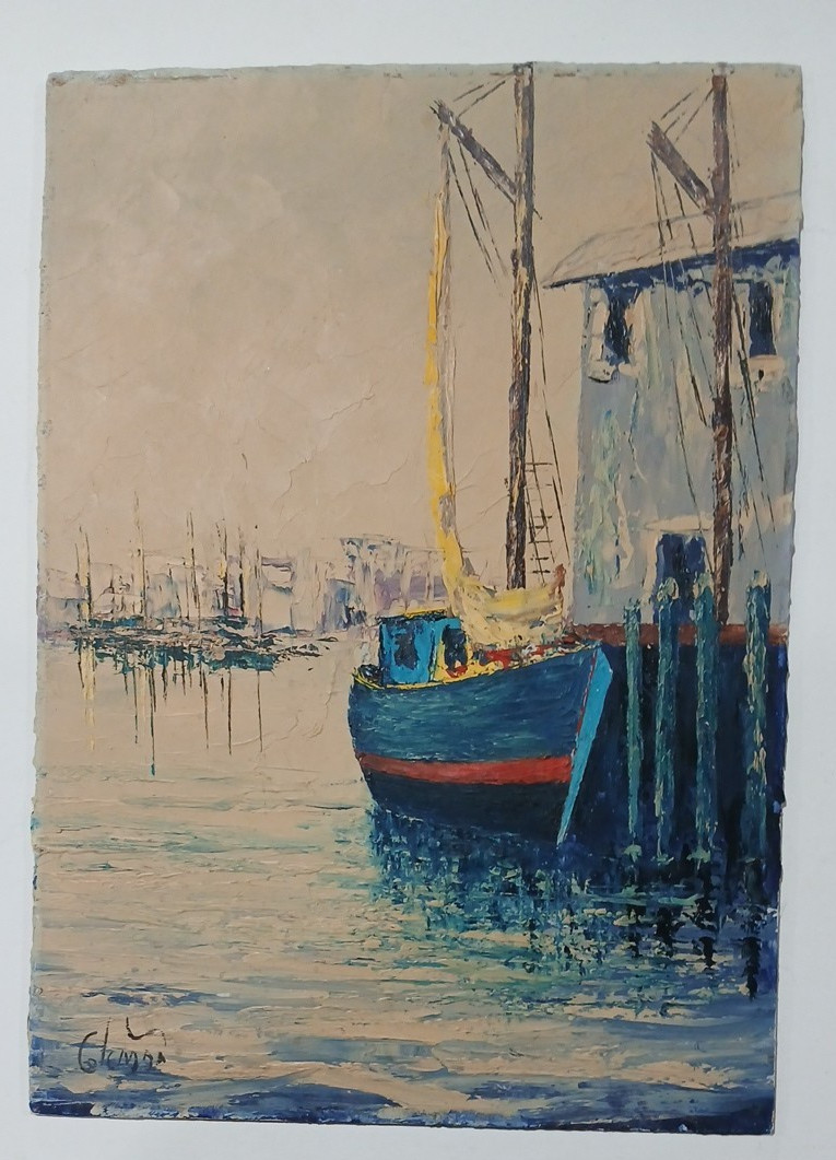 Vintage Oil Painting Harbor Scene Light Impasto Signed Unframed
