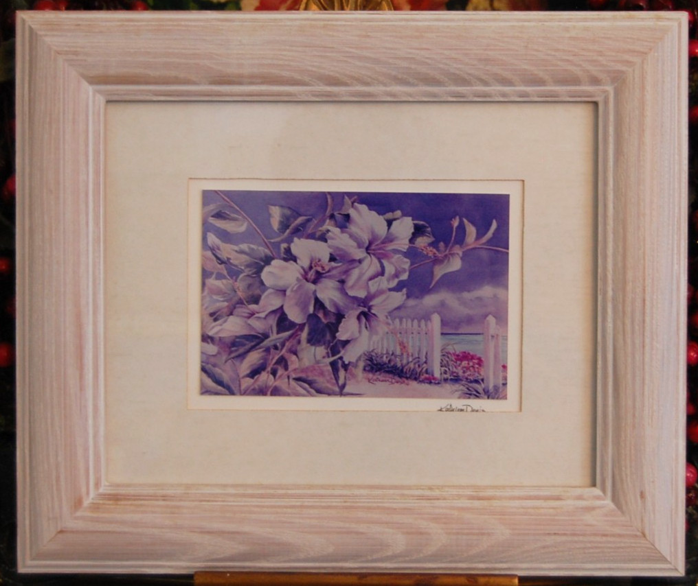 FRAMED MATTED KATHLEEN DENIS TROPICAL KEY WEST COLOR ART PRINT HIBISCUS & BEACH