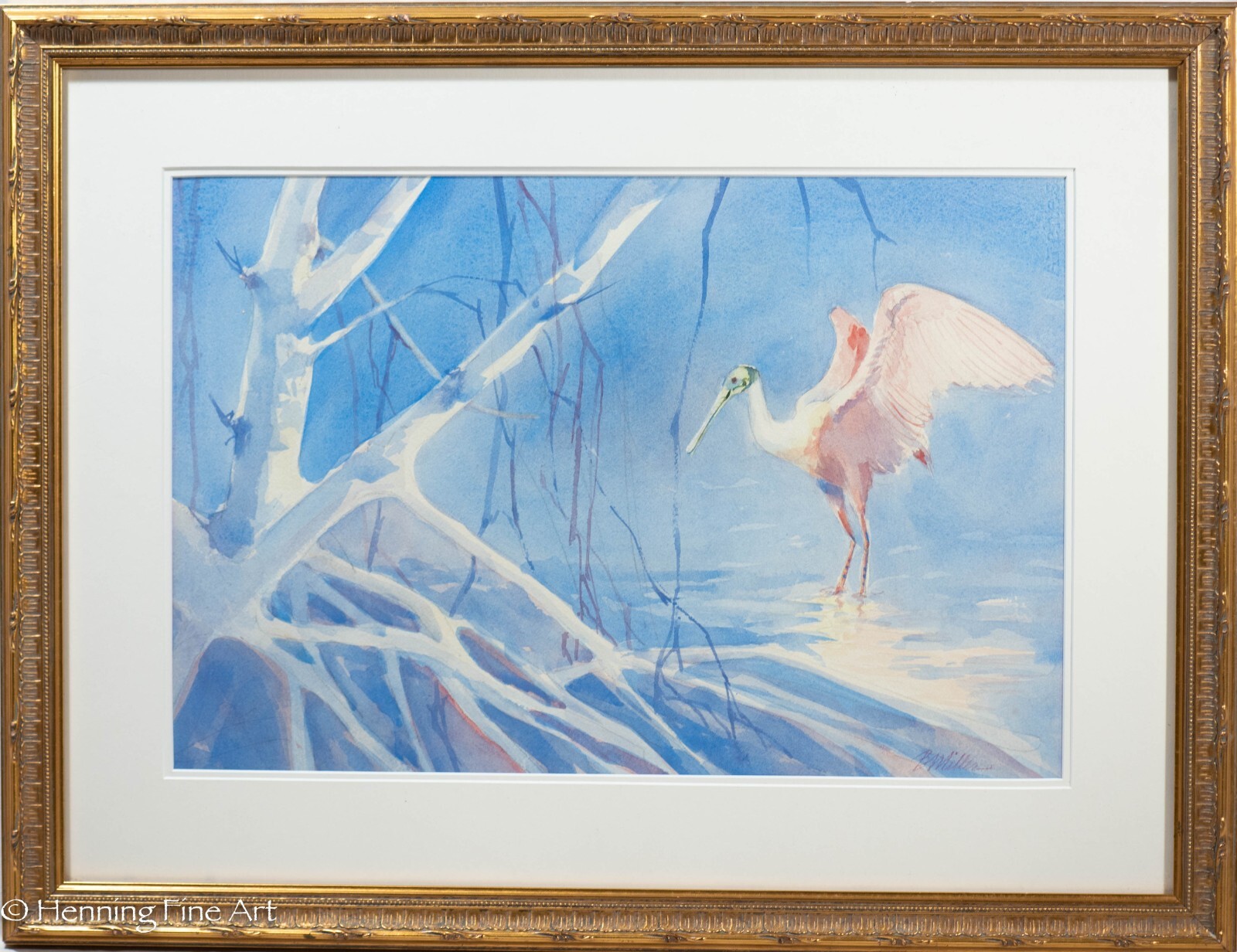 Beautiful Vintage Painting of Pink Roseate Spoonbill in Mangroves, Signed & FINE