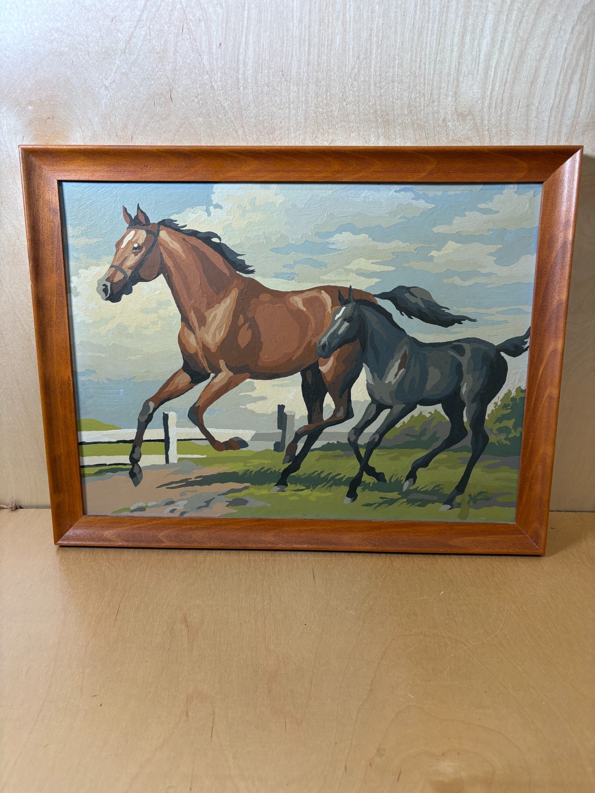 1968 Paint By Numbers – Running Mare and Colt / Horses – Framed 17.5 x 13.5