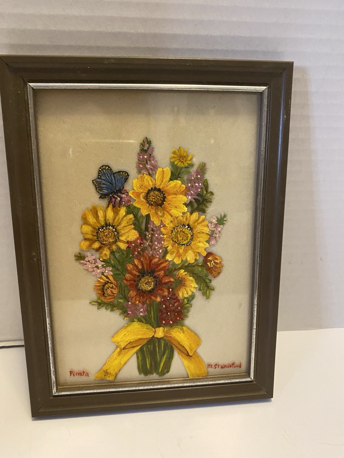 Vintage Framed Reverse Hand Painted Flowers on Glass Art with Butterfly