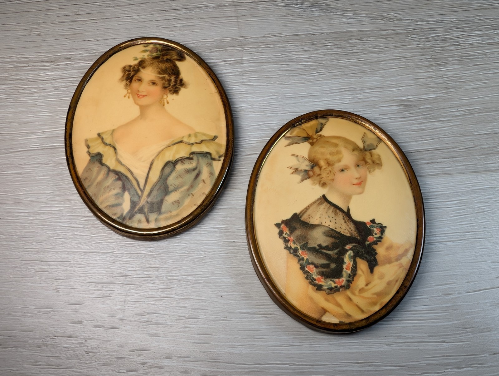 Antique Set of Family Portriat Miniatures Sisters Oval Rounded Brass Frames 2.5″