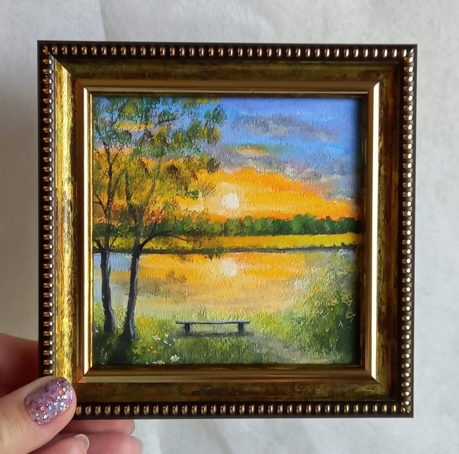 Summer Original Oil Painting Landscape Sunset on the Lake Wall Art 4 x 4 in