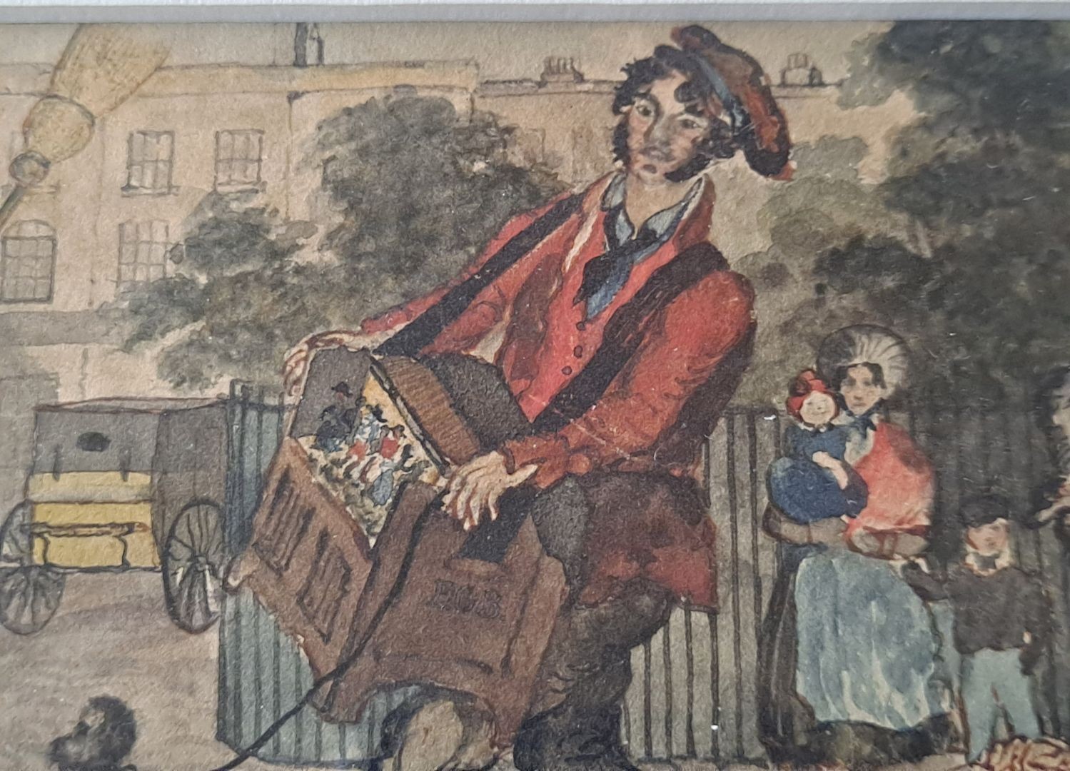 Antique 19c. Victorian Street Musician MINSTREL Monkey W/C Painting Hurdy Gurdy