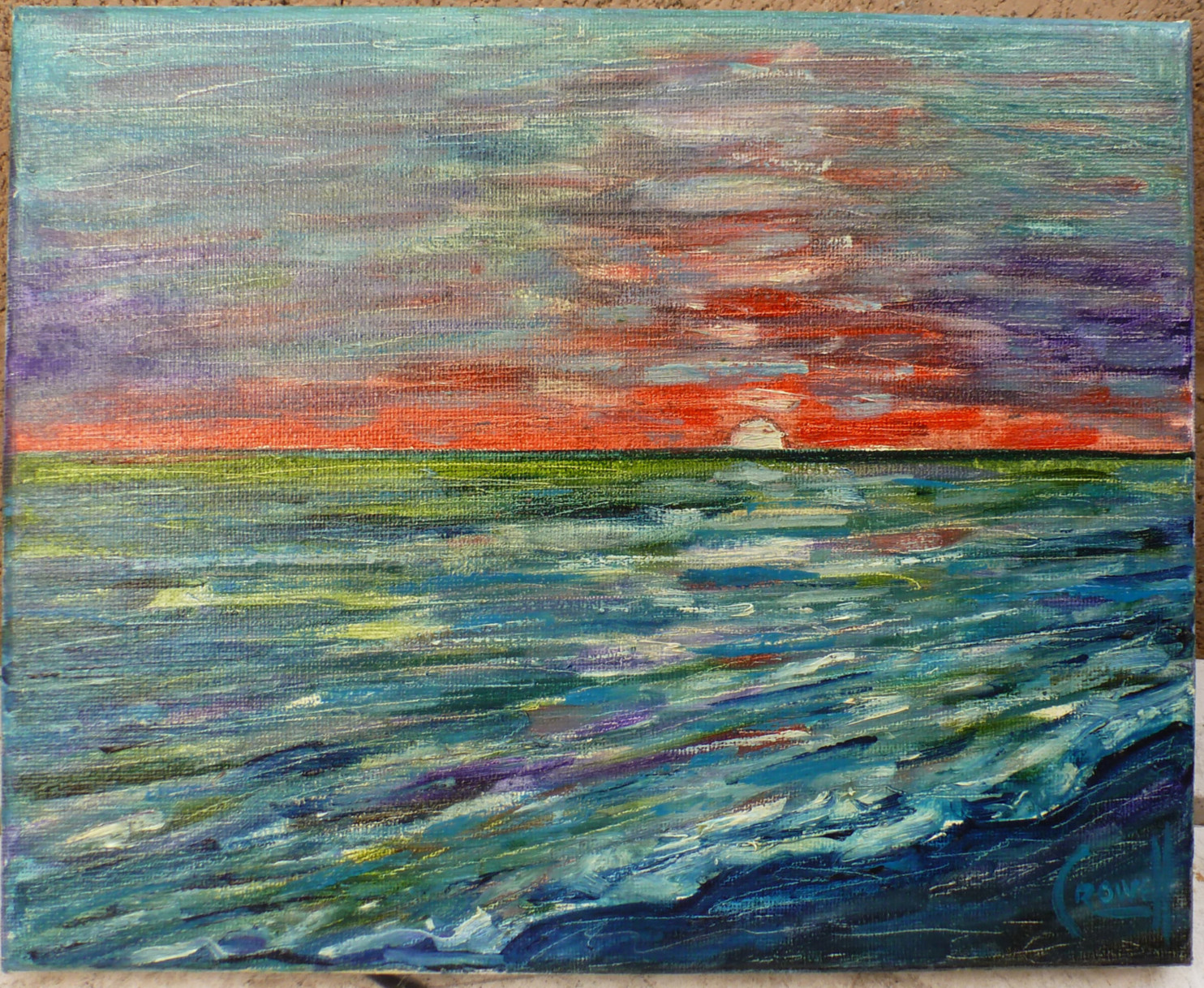 SPYGLASS COVE 8×10 vintage beach sunset oil painting canvas signed by CROWELL