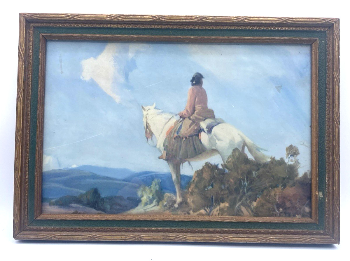 1930-40’s Native American on a Horse Print Looking Away, Nice Framed with Glass