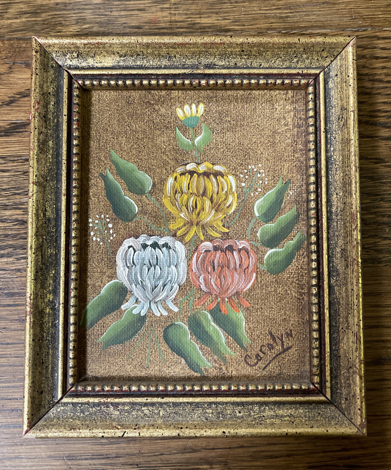 Small Flower Painting Framed Signed Acrylic ? Thistles 4.75X6” Folk art