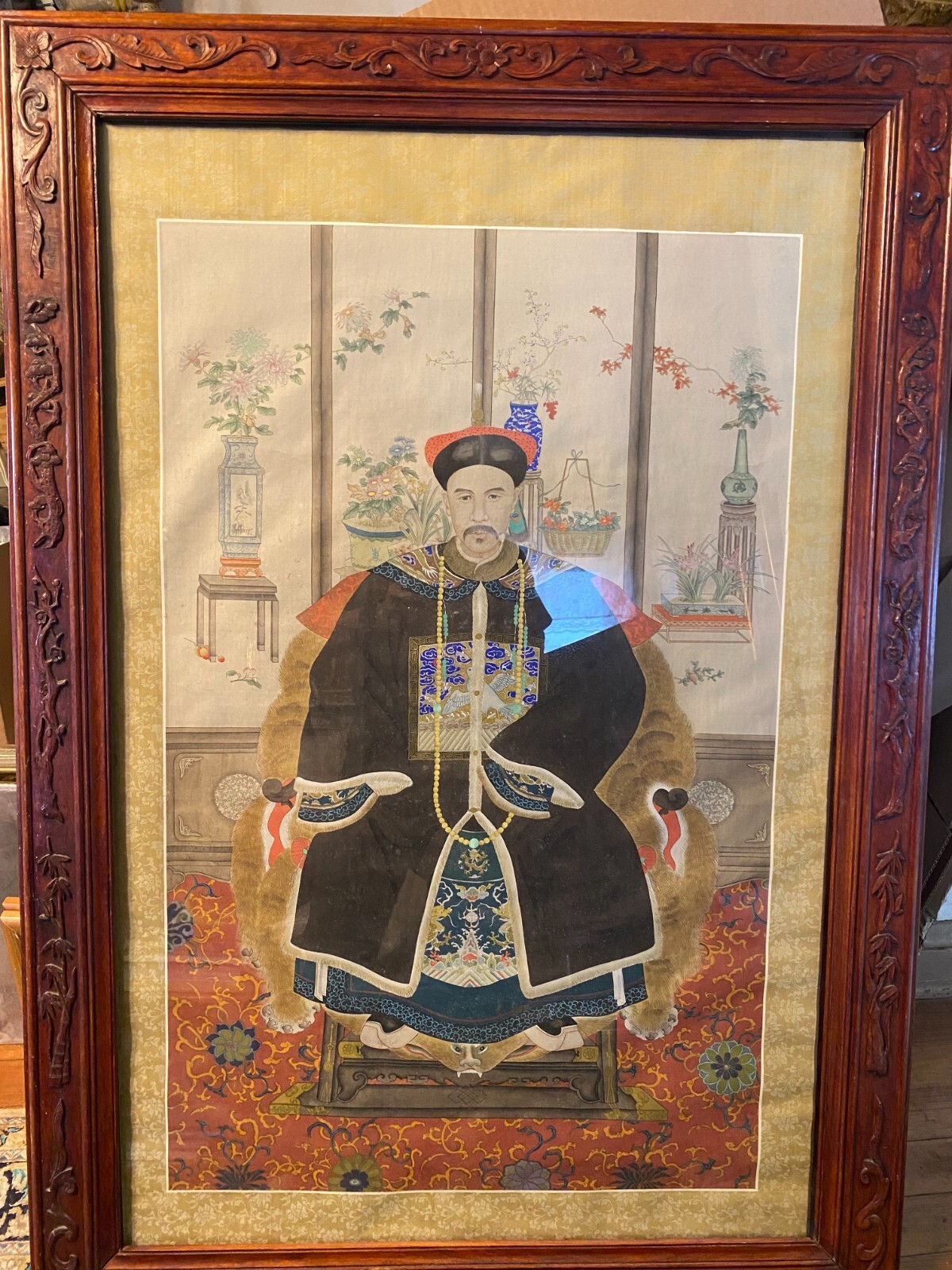 Huge Antique «Portrait of A Mandarin Court Official» Painting – Rosewood Frame