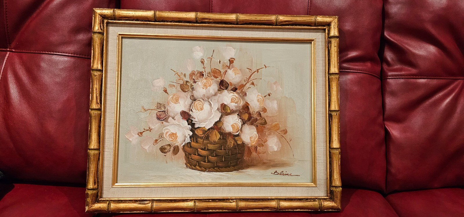 Original Still Life Yellow Roses Oil Canvas Painting Signed Blaine Bamboo Framed