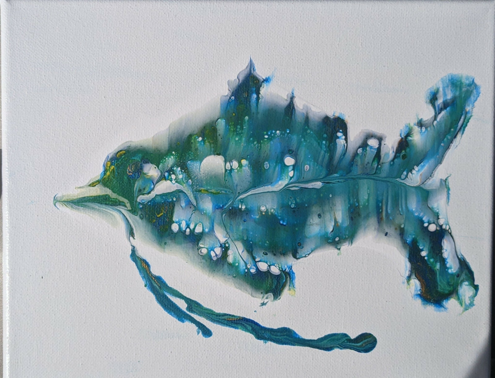 Artisan Original Acrylic Fluid Pour Art Of Fish, 8×10 Titled Bird Fish, Metallic