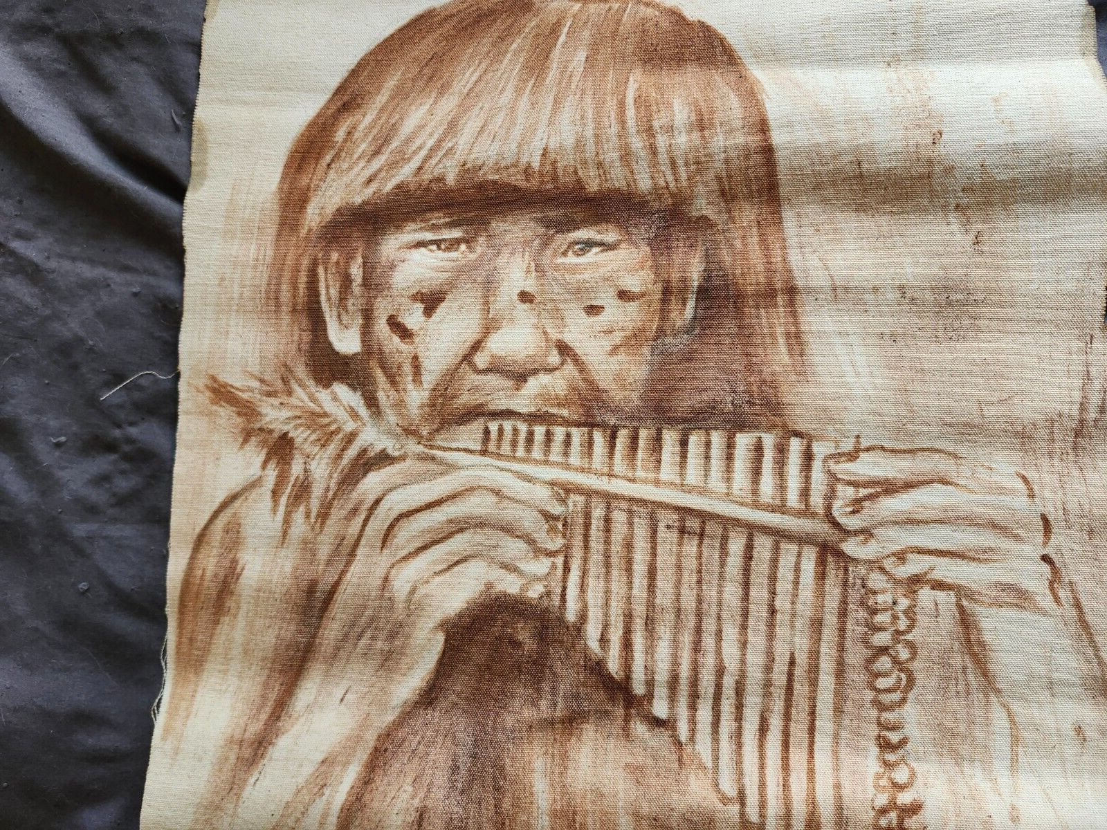 PERUVIAN Tapestry Fabric Artwork wall hanger Chanchamayo Yagua pan flute