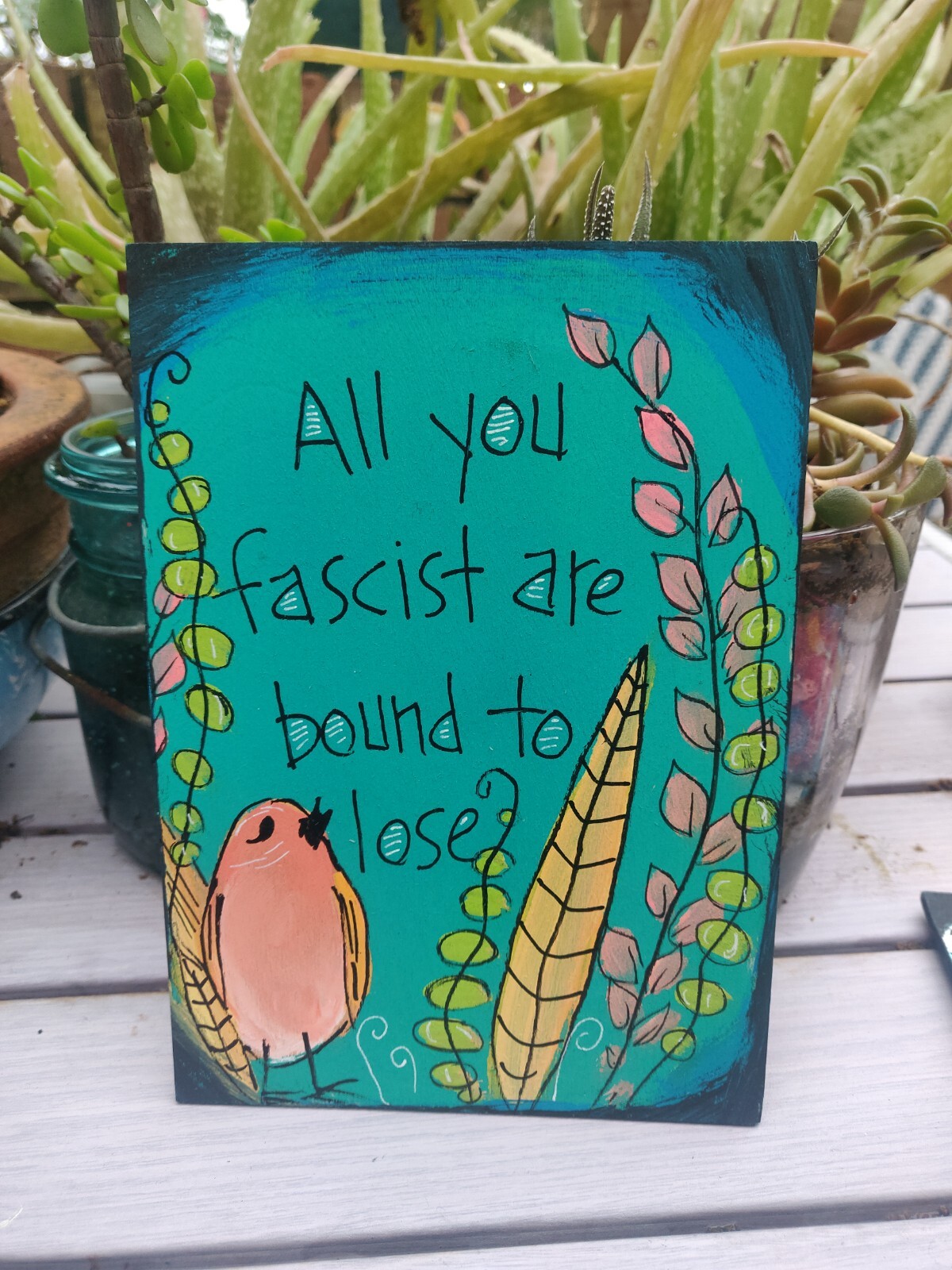 Woody Guthrie Lyric Painting on 7 x 5″ panel, All You Fascists Are Bound To Lose