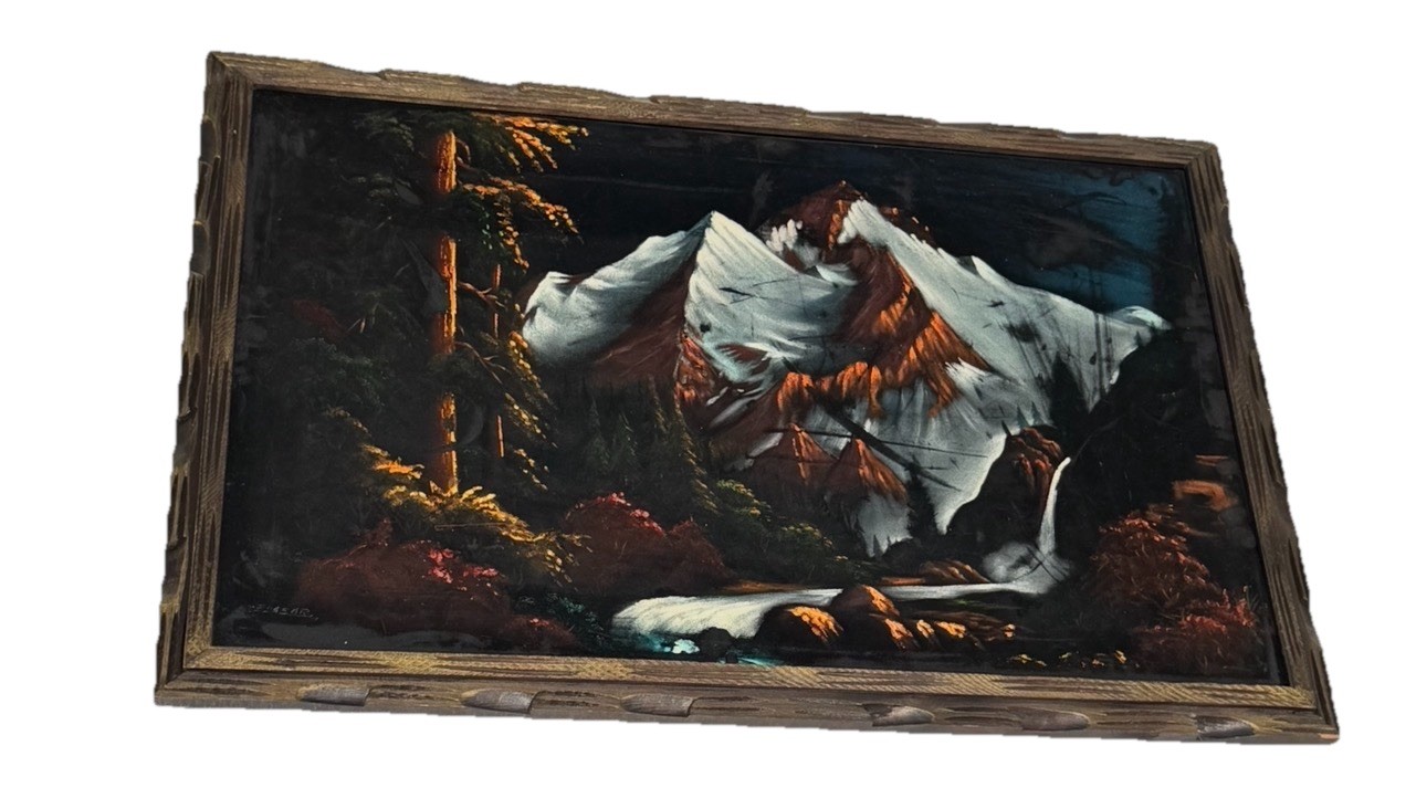 Vtg Landscape Painting on Black Velvet Stunning Mountain Scenic Waterfall 39X27