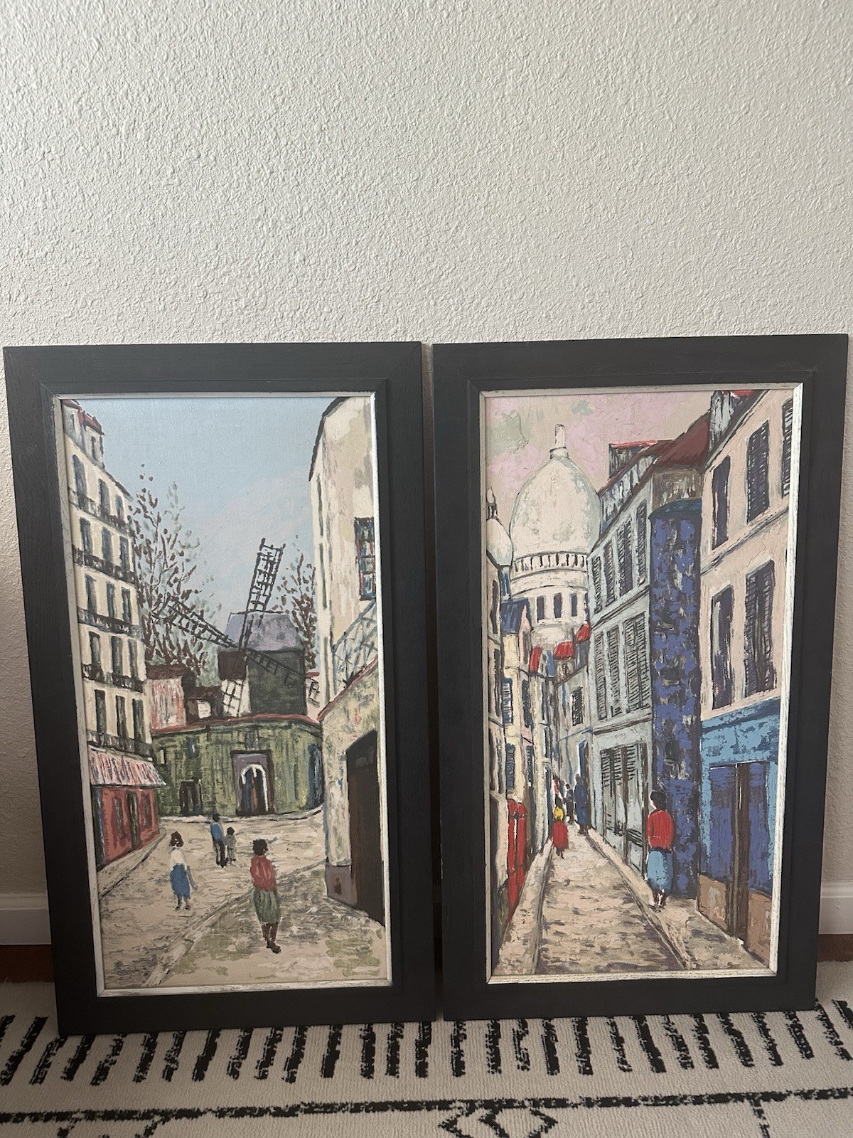 2 Vintage Moulin Rouge Paris Street Scene Abstract Oil Paintings