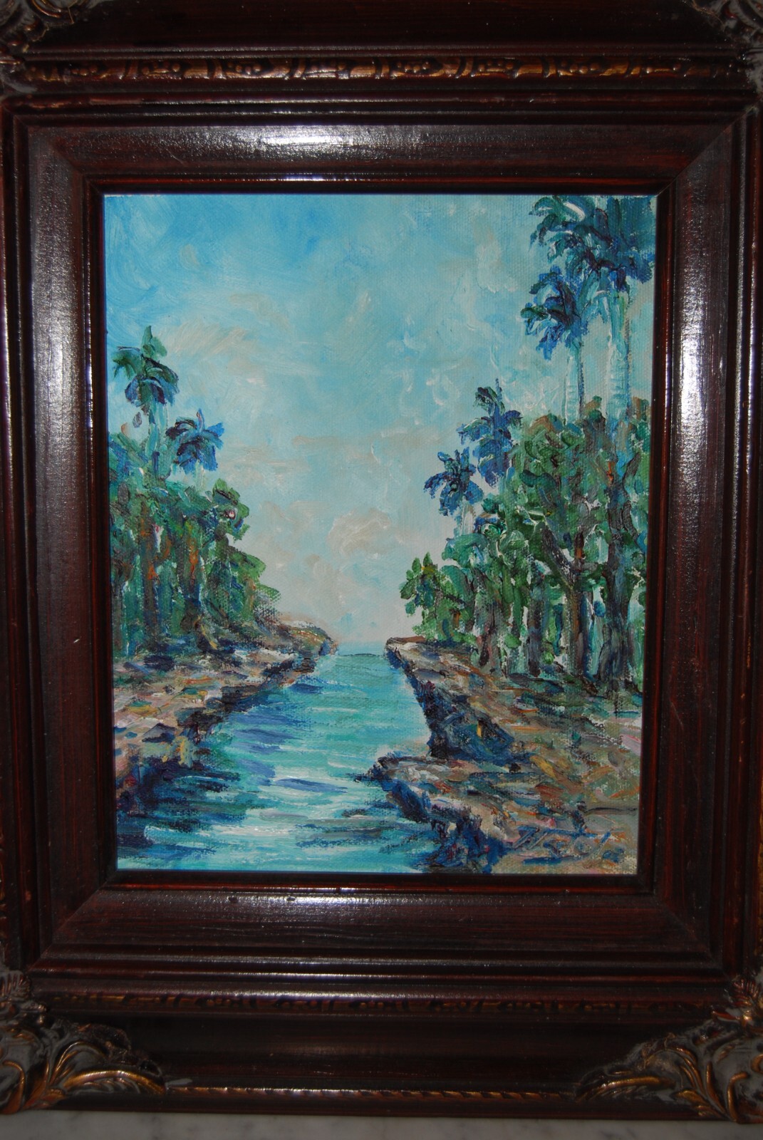FRAMED ORIGINAL OIL RIVER, PALMS & SKY CUBAN COUNTRY SCENE ARTIST: HECTO VIDAL