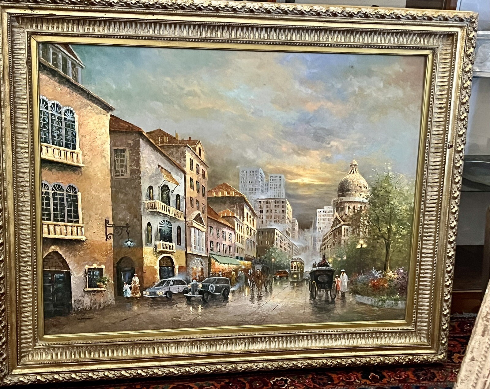 FINE LARGE SWEDISH STREET SCENE SIGNED BY :LIMIAN FINE DETAILS SIZE:69″ X 47″