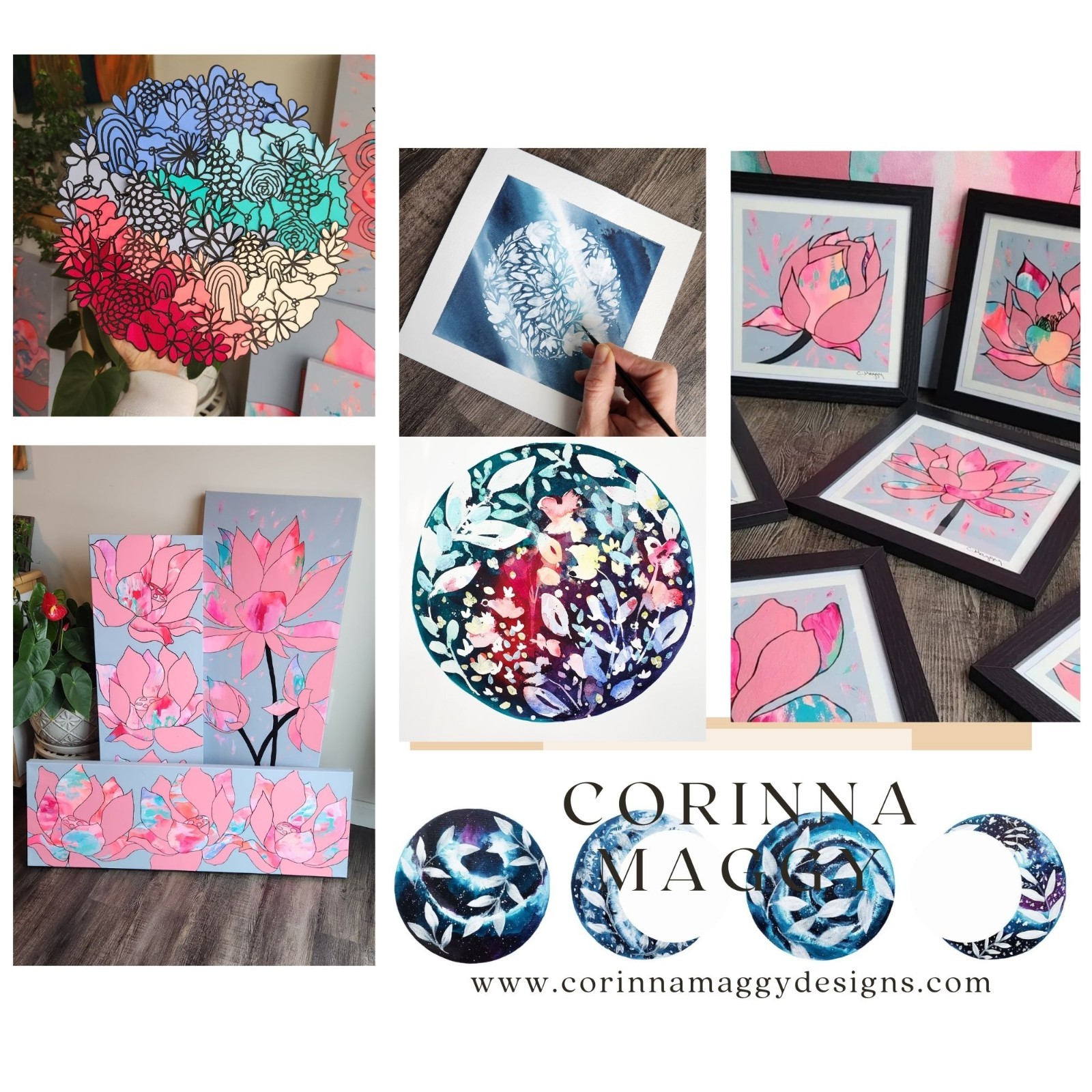 Abstract Original Floral Moon Painting 6×6 Acrylic Mini Blue Signed