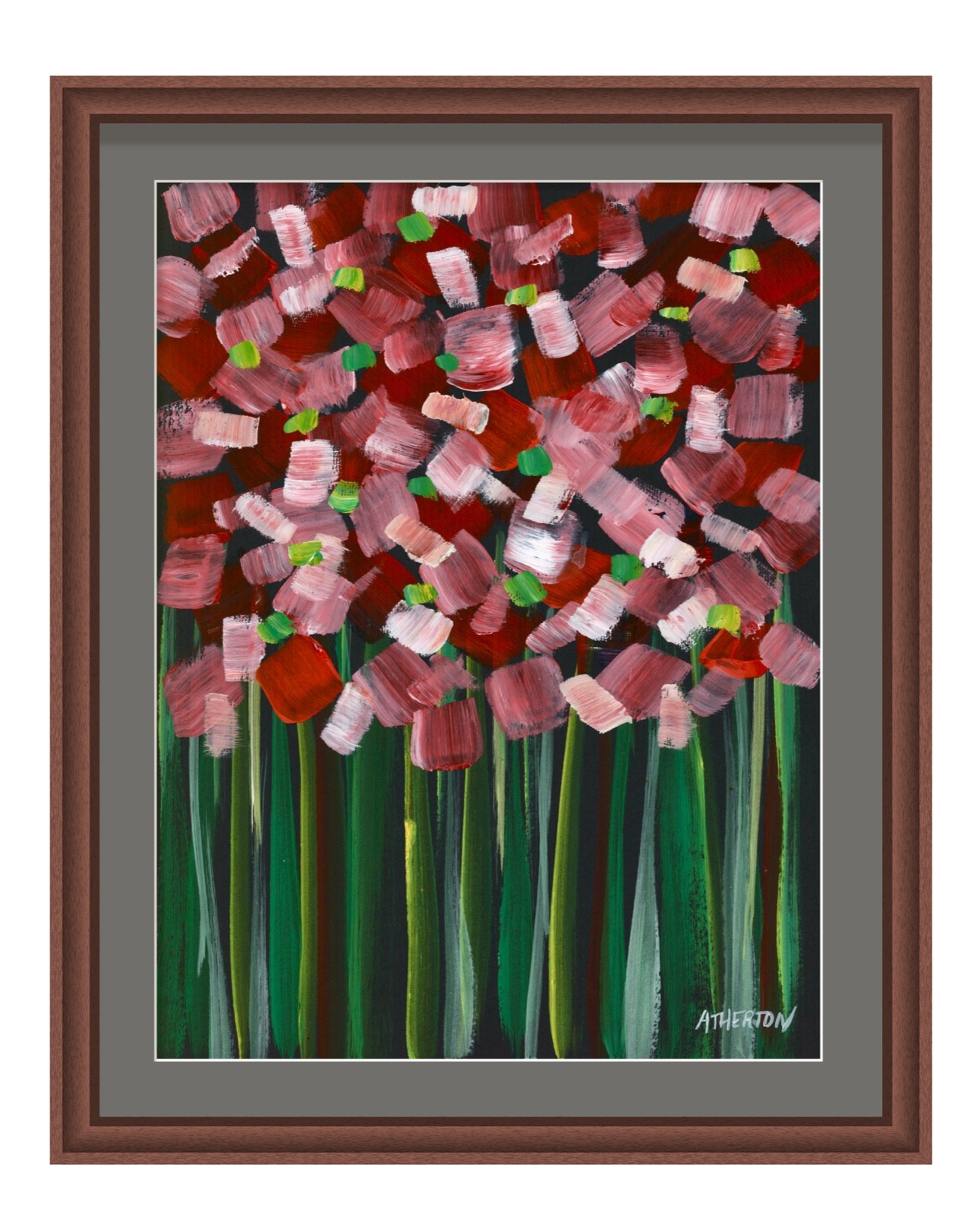 Atherton 9×12 Original Floral Abstract Painting «Stick Flowers 2 Red» signed