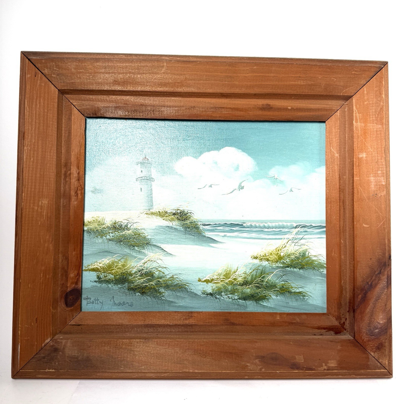 Betty Moore Signed Oil Painting Original Lighthouse Seascape Seagulls 14×12