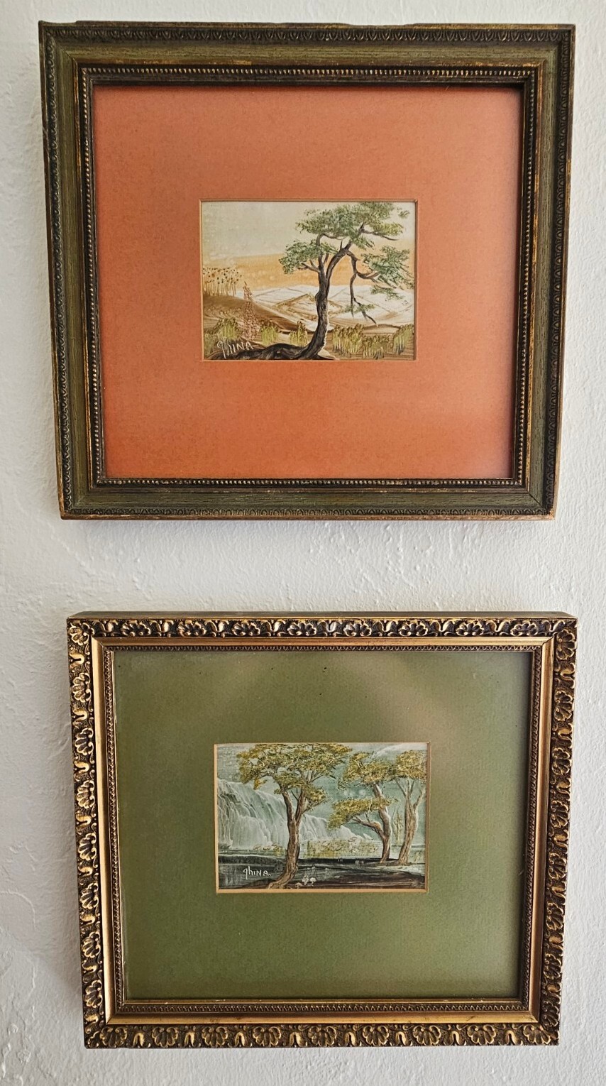 Ghina Choate Lot of 2 Watercolor Bonzai Framed Landscape Paintings Art SIGNED