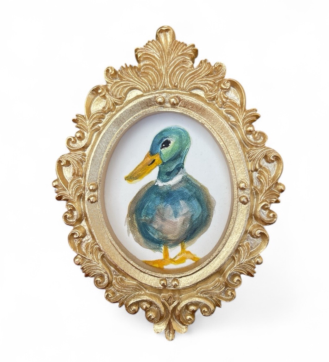 Mallard Duck 🦆 mini watercolor bird print in gold vintage style ornate frame