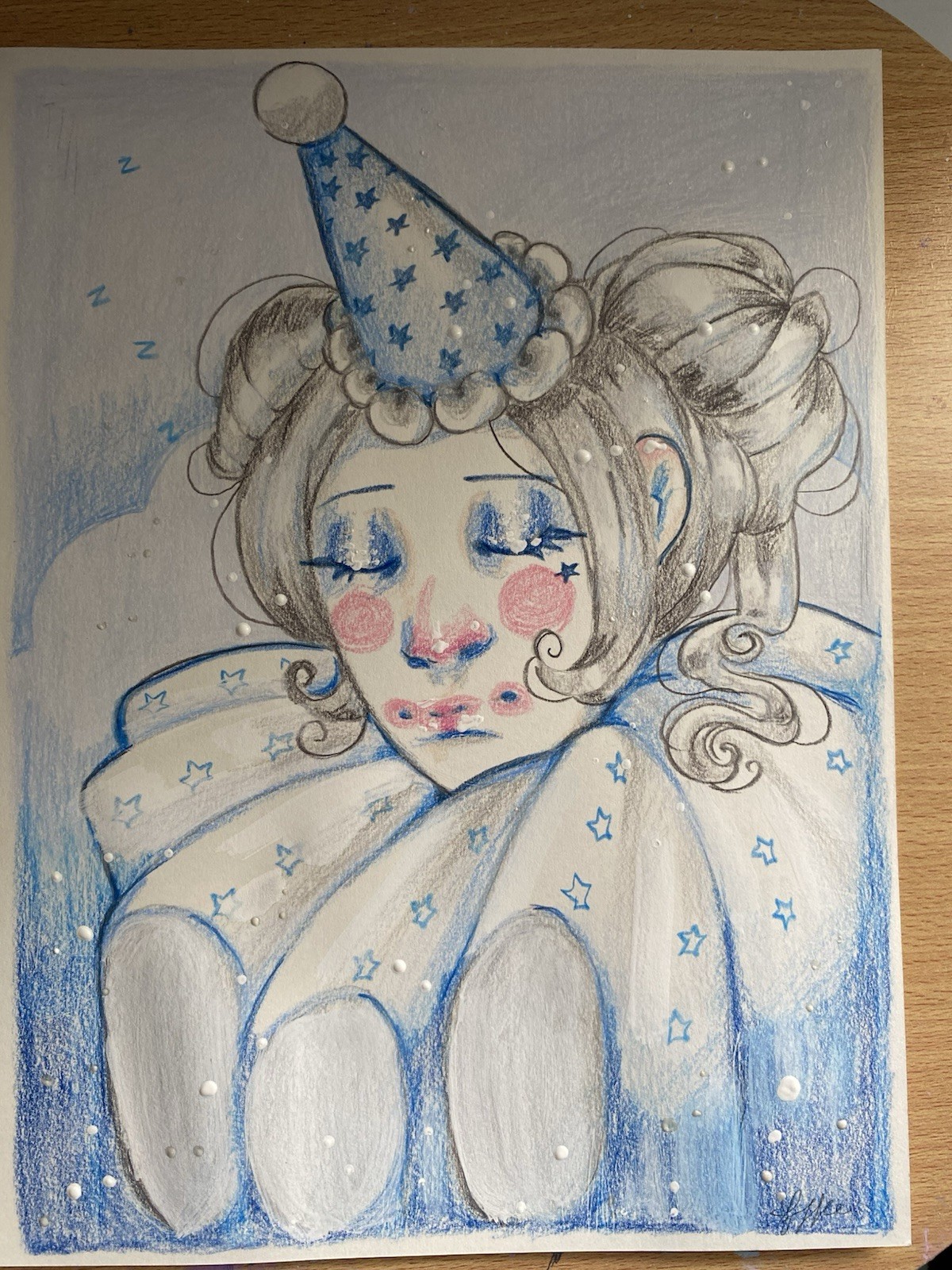 Blue Sleepy Girl Clown Fantasy Drawing On 9×12 Watercolor Paper