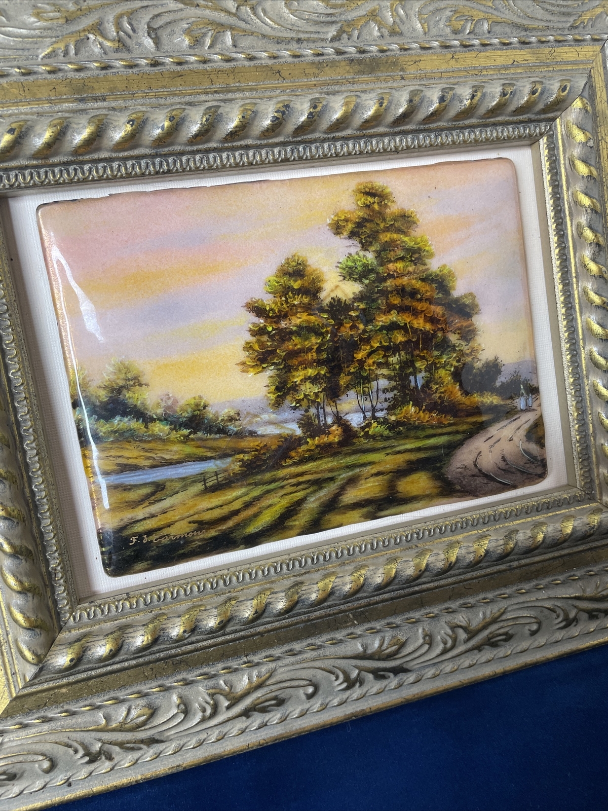 Antique Small Painting Enamelled Trees Road On Copper F.J.Carmona France Limoges