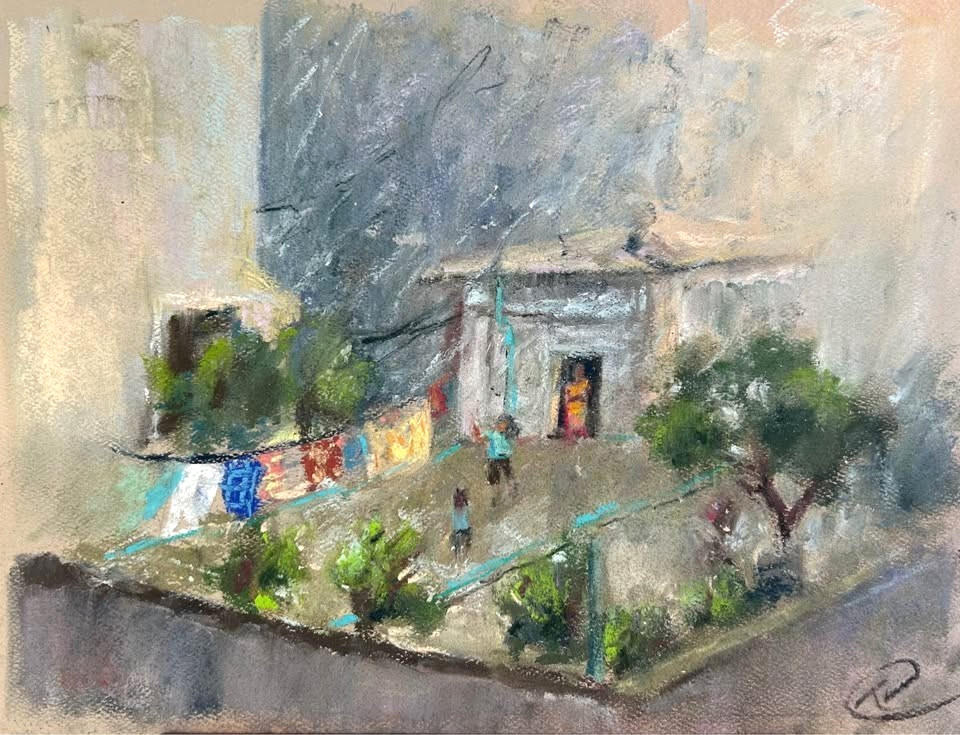 Rainy Day Rooftop Painting, Nostalgic Urban Terrace Scene, Handmade, Signed
