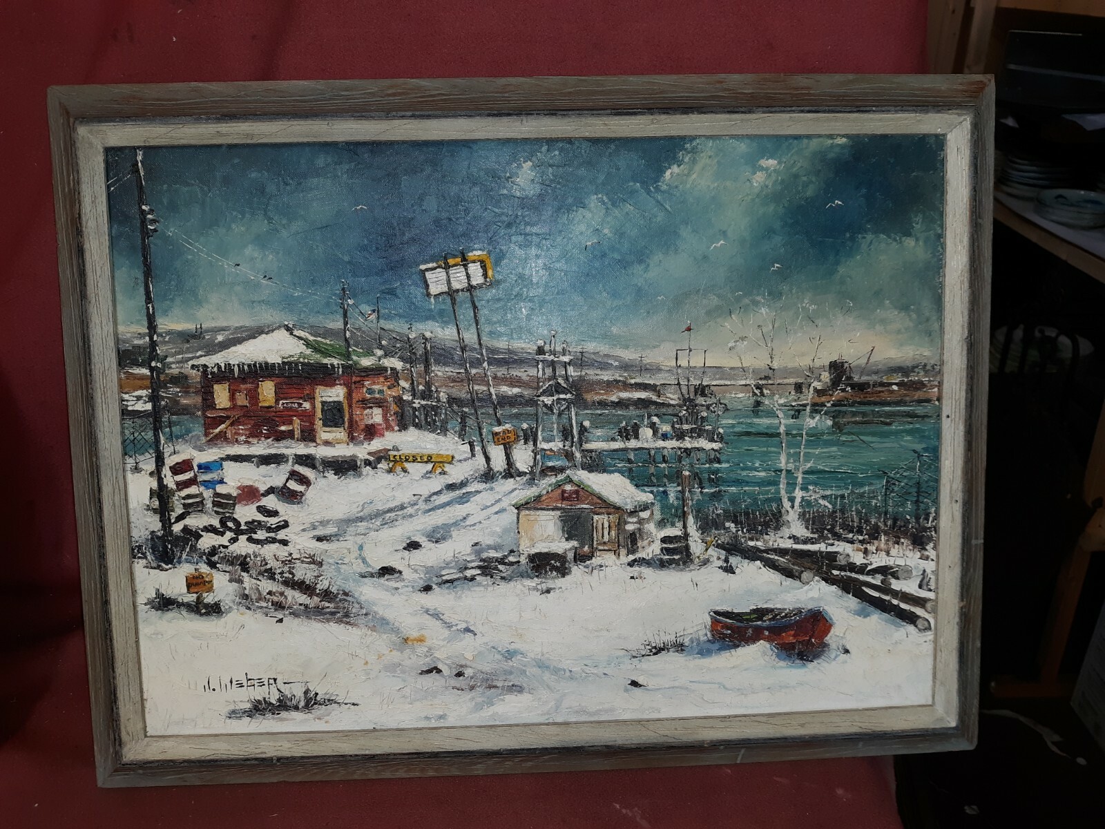 Nautical Painting Vintage New Jersey Dock Scene Gritty Industrial