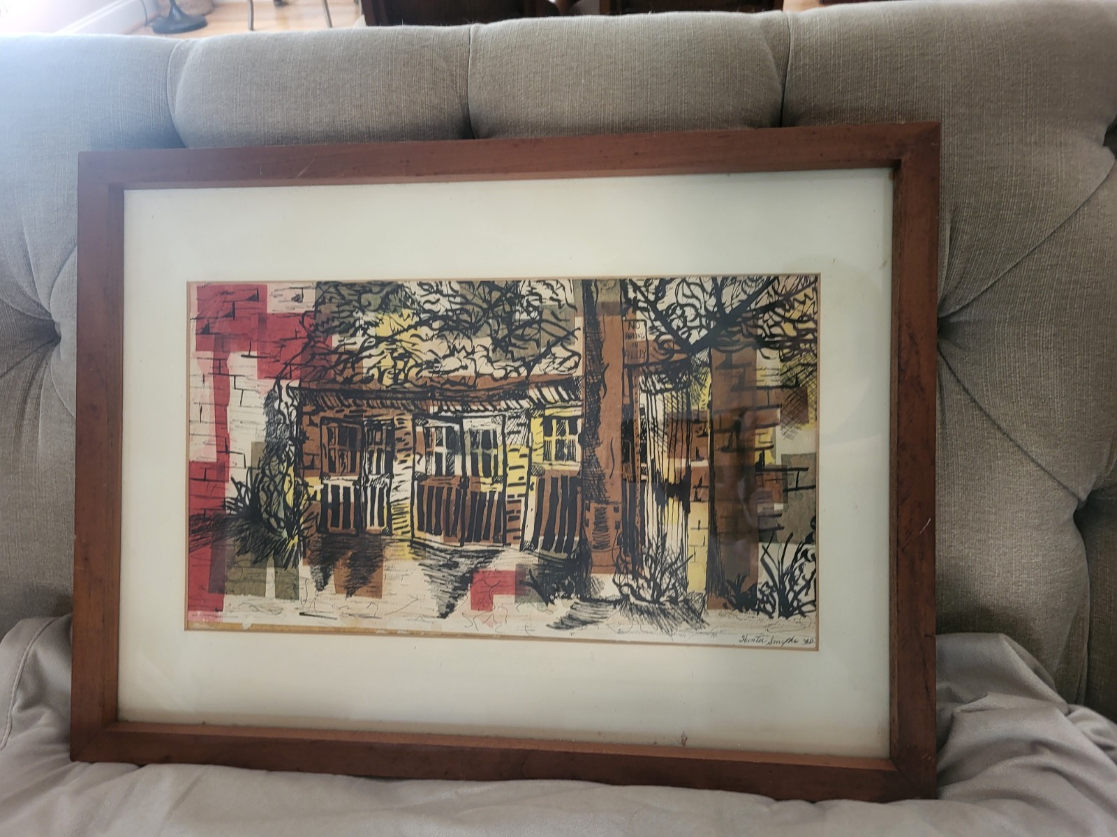 Original MCM Mixed Media Abstract Geometric Cityscape Sign Hunter Smythe 1969/JT