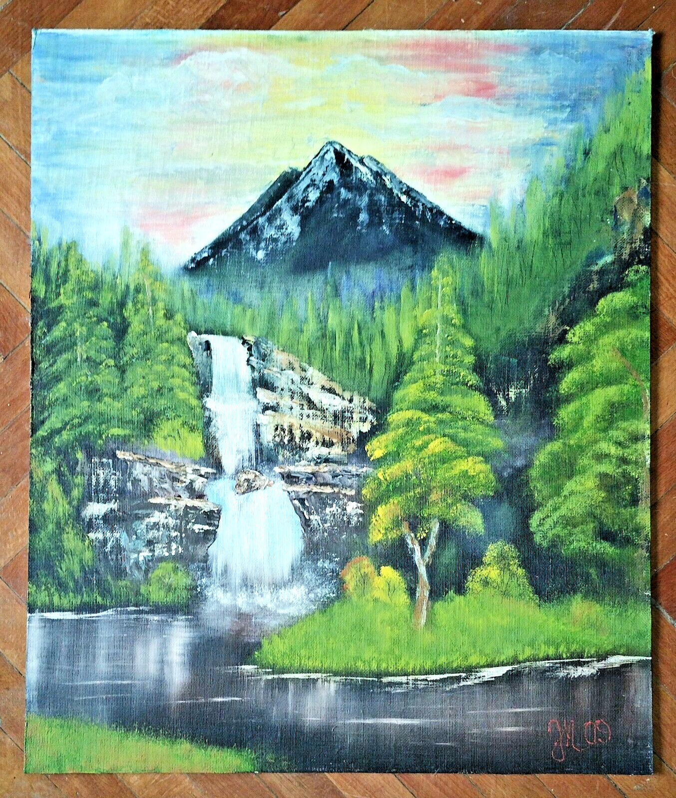 Original Oil Painting Bob Ross style Technique & Motif Forest Mountain Waterfall