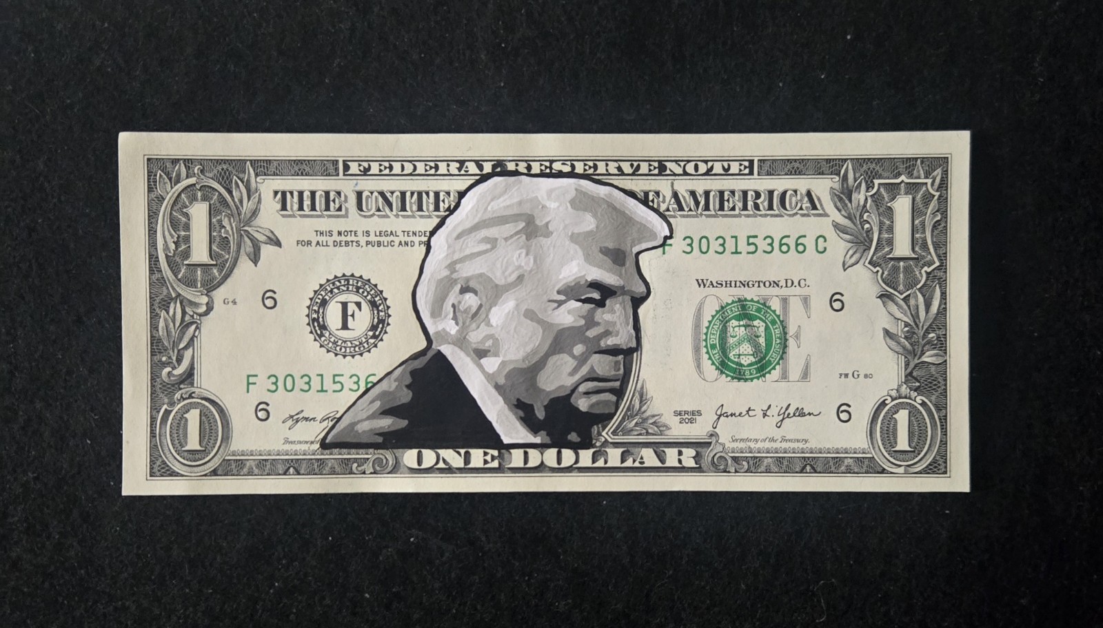 DONALDTRUMP. POTUS. Hand Painted. New Bank Note. Real USD Dollar Bill. COA