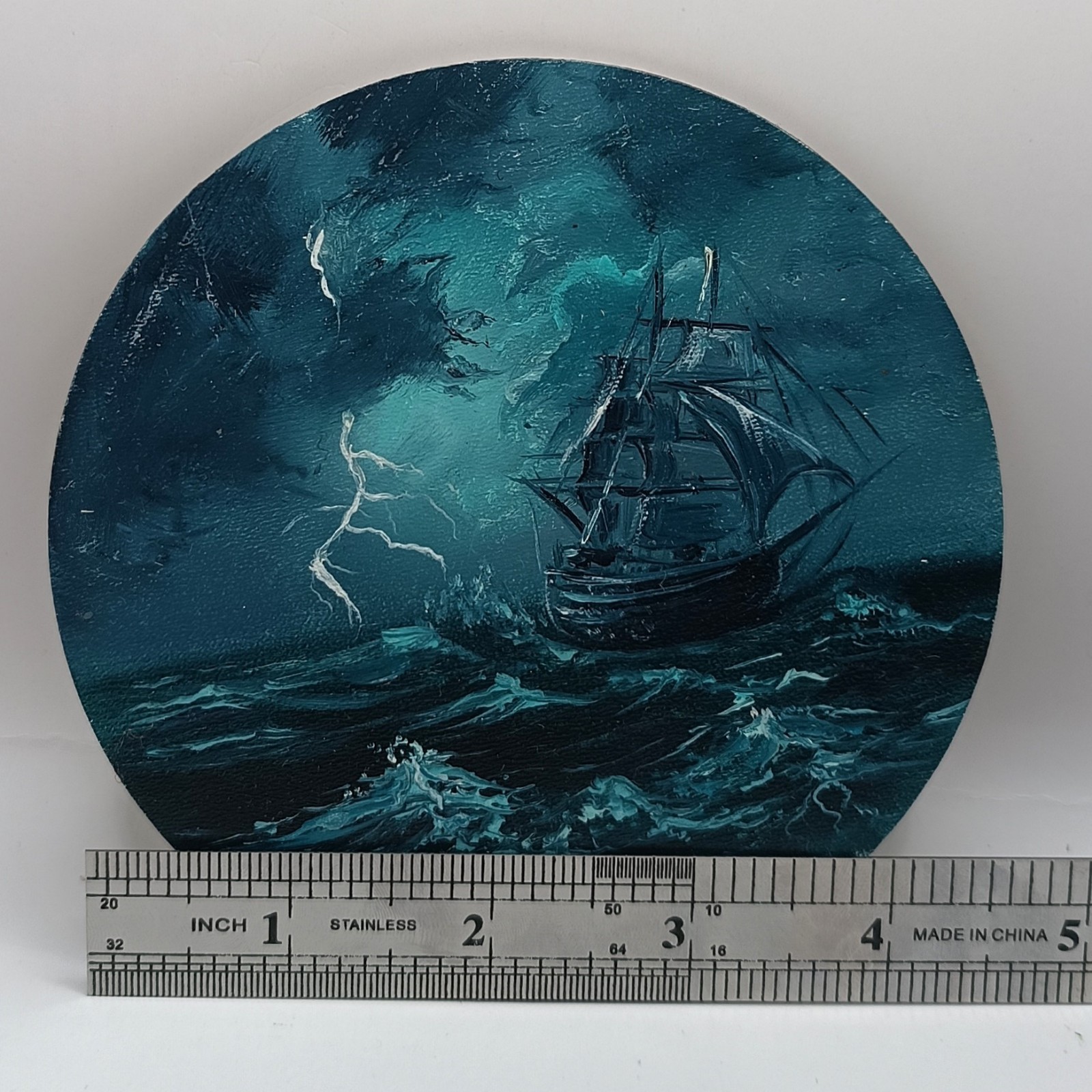 Original Ship in Storm Painting Small Round Seascape Nautical Lightning Artwork