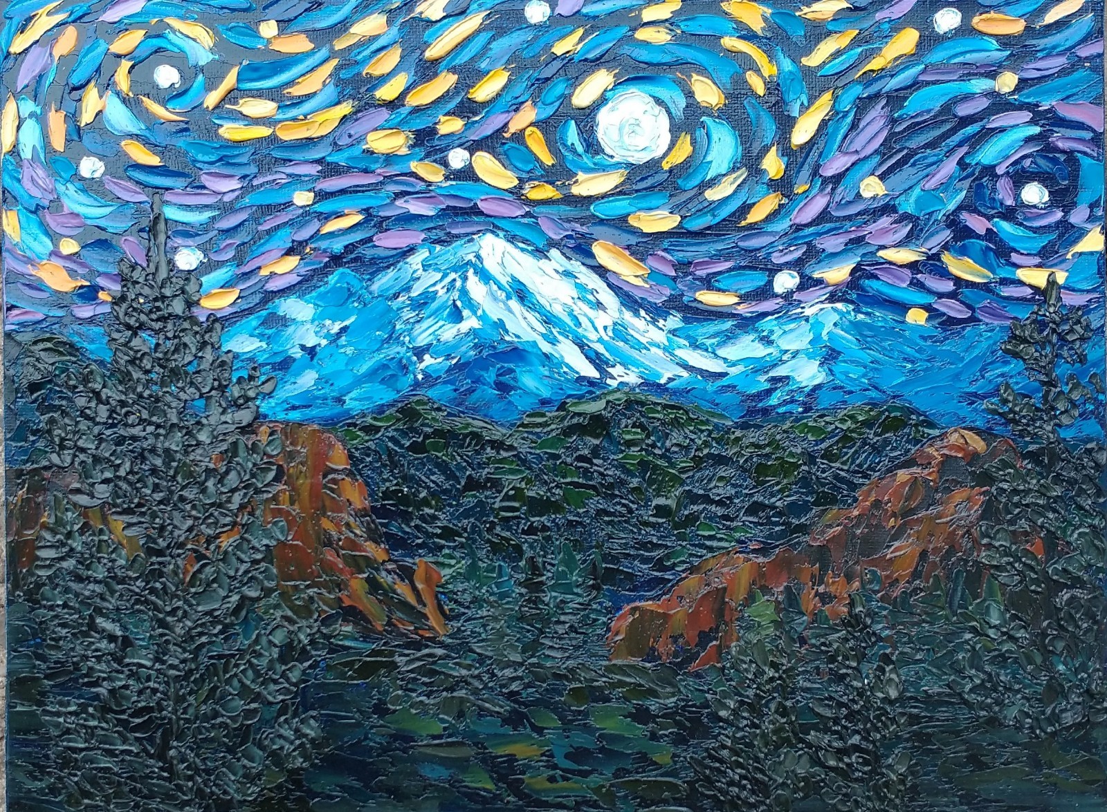 Original 9″ x 12″ Textured Oil Painting IMPASTO Starry Night Mountain Pikes Peak