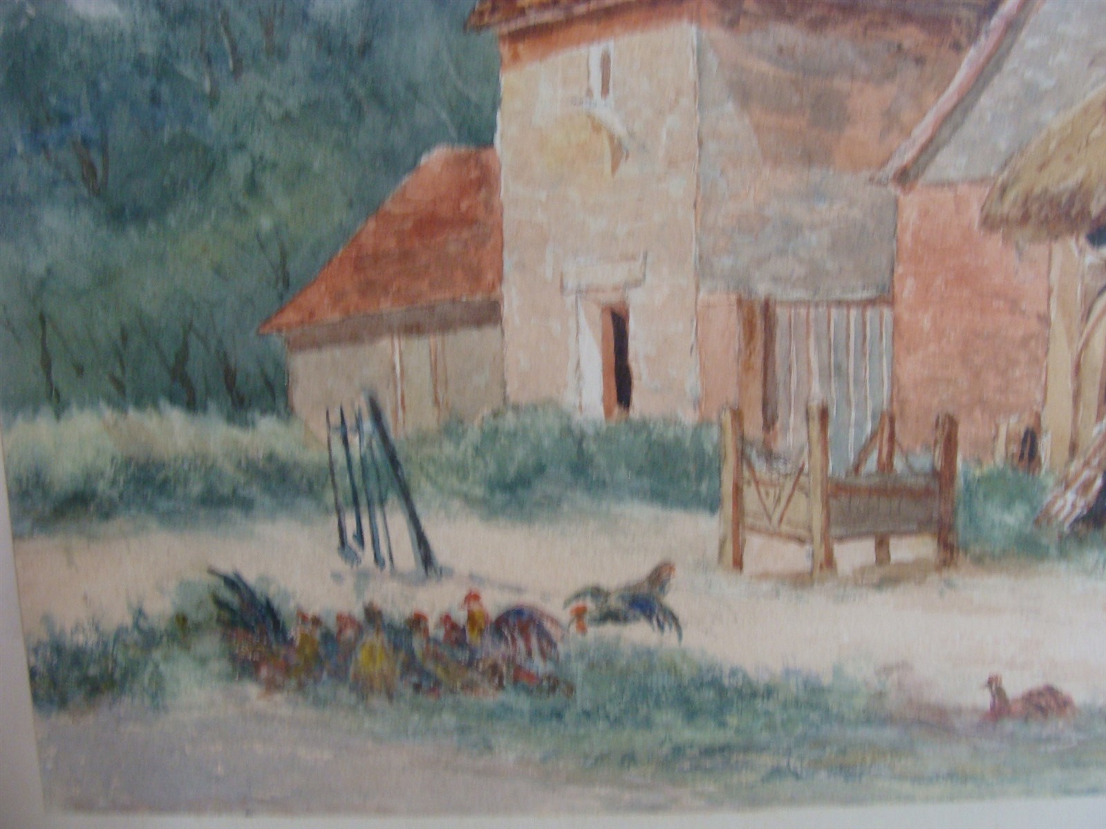 Antique 1895 Radclive Bucks Farm Barn Chickens Landscape W/C Painting