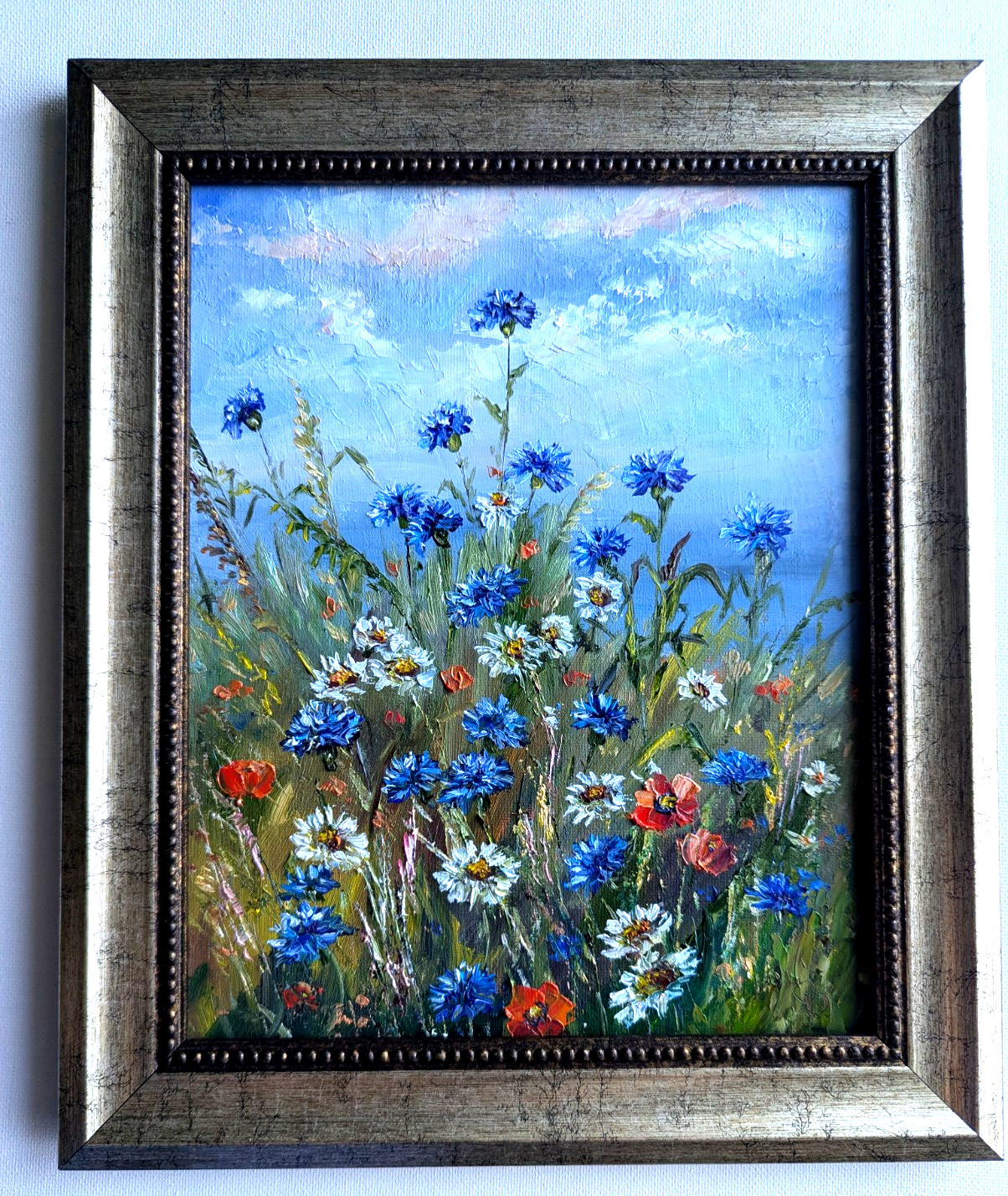 Cornflowers, Daisies, Poppies ORIGINAL OIL Painting WILDFLOWERS impasto 10″x 8″