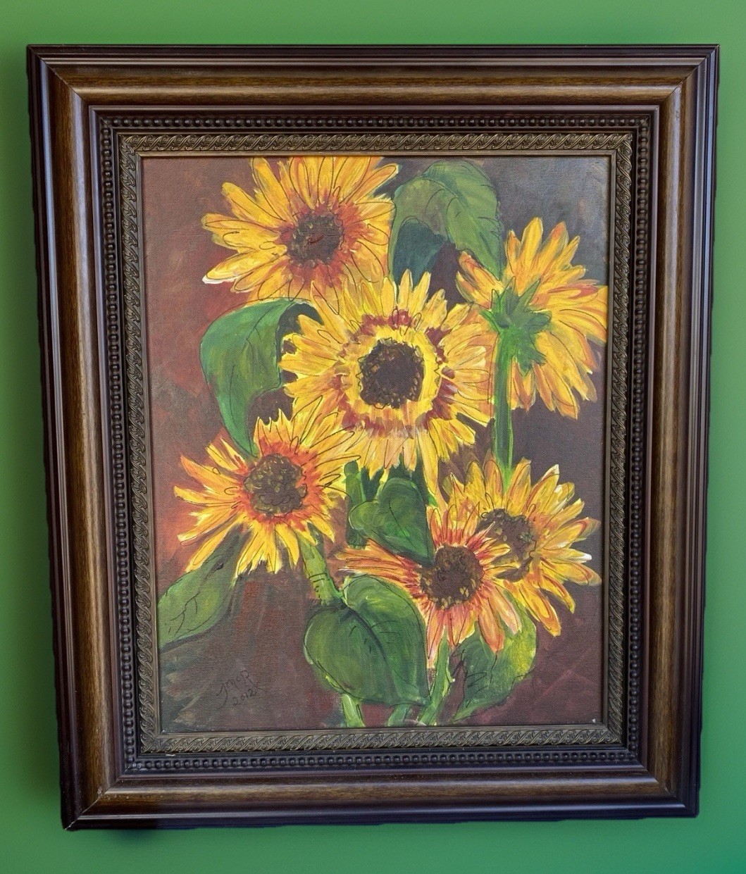 Original Framed Acrylic Painting of Sunflowers, Signed T or J McR… 23″ x 27″