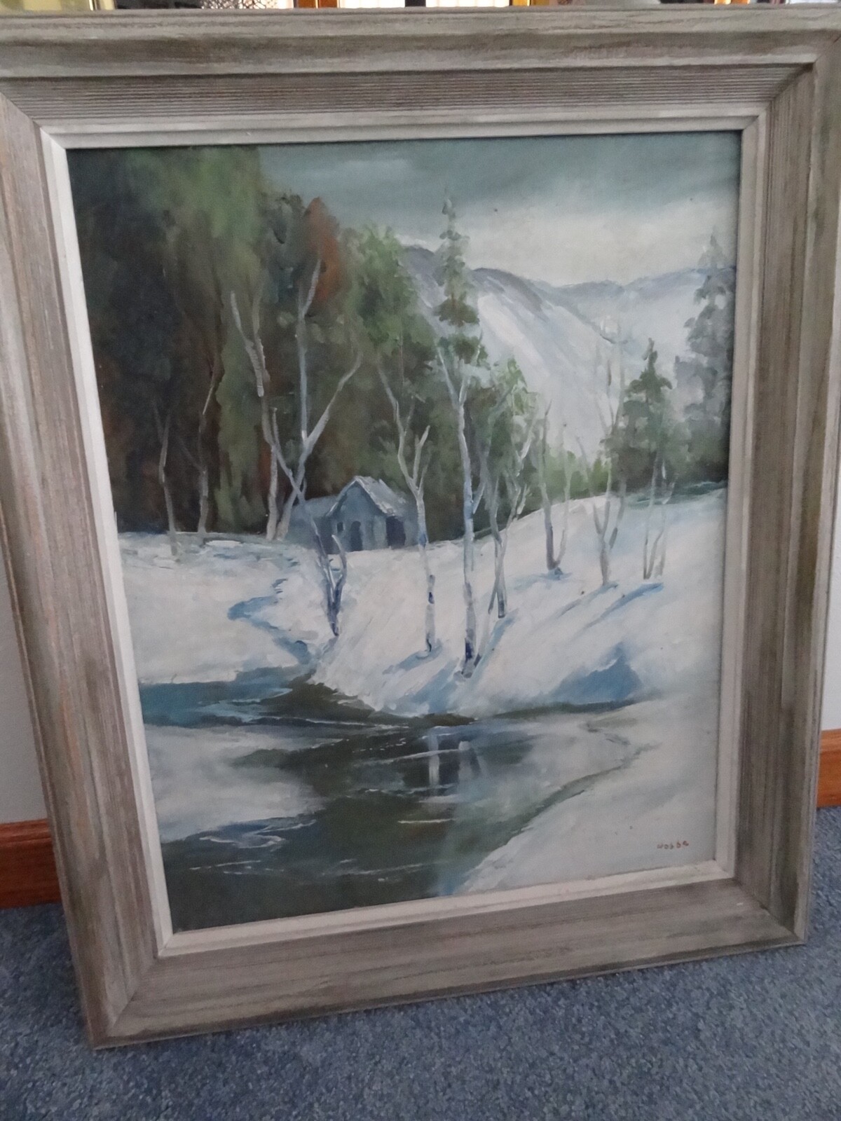 VTG ORIGINAL OIL PAINTING SIGNED HOBBS, CABIN IN APPALACHIAN MTN FRAMED 24 X 20