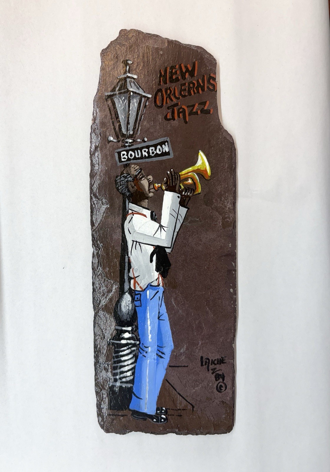 Vintage Laiche Hand Painted Slate New Orleans Jazz Art Bourbon Street 1984
