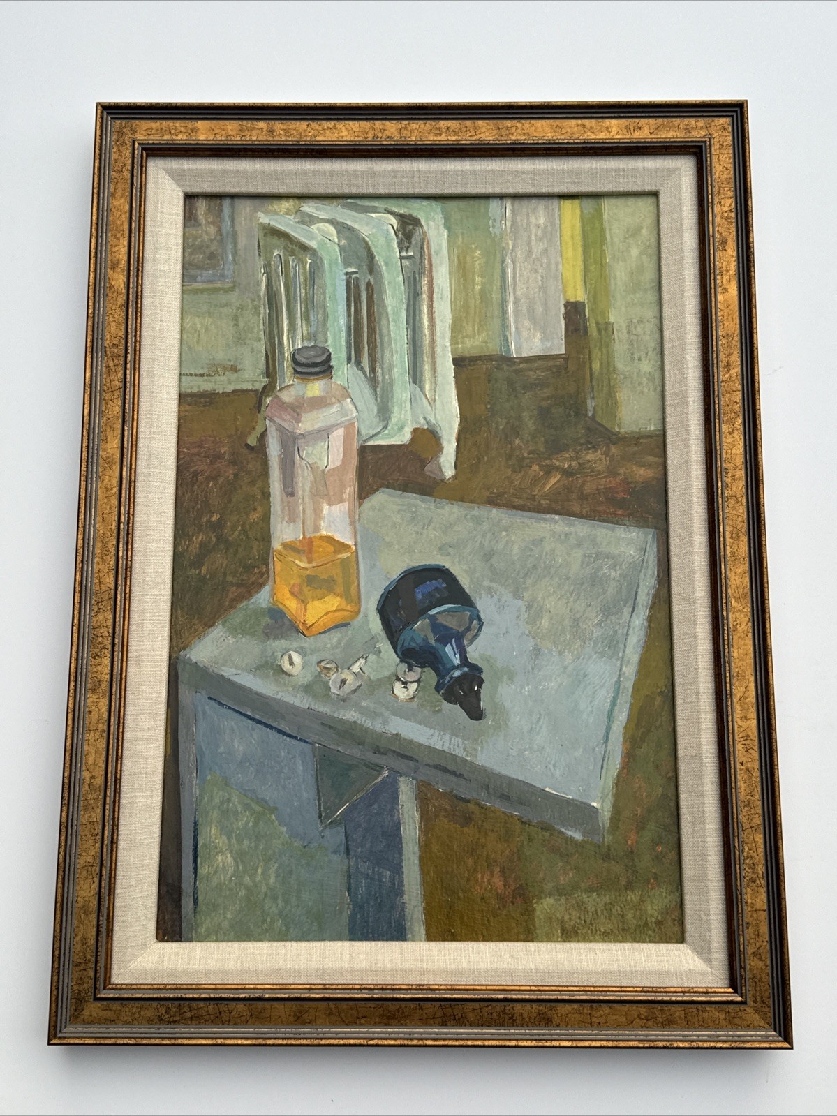 MID CENTURY MODERN PAINTING MODERNIST STILL LIFE INTERIOR BOTTLES MYSTERY ARTIST